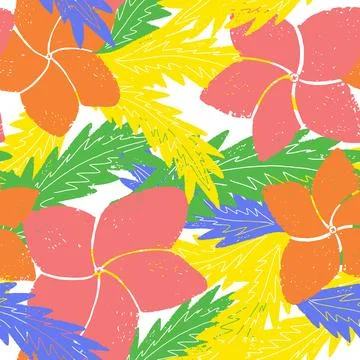 Textured seamless tropical pattern with palm leaves and exotic flowers. Stockillustratie