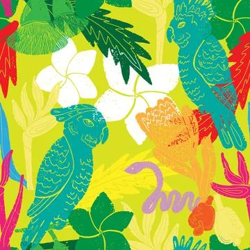 Textured seamless tropical pattern with palm leaves and exotic flowers. Illustrazione stock