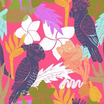 Textured seamless tropical pattern with palm leaves and exotic flowers. Illustrazione stock