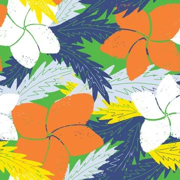 Textured seamless tropical pattern with palm leaves and exotic flowers. Stockillustratie
