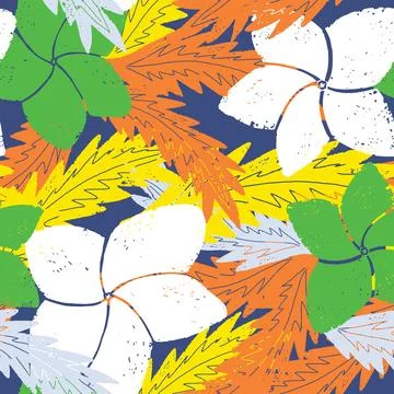 Textured seamless tropical pattern with palm leaves and exotic flowers. Stock Illustration