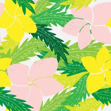 Textured seamless tropical pattern with palm leaves and exotic flowers. Stockillustratie