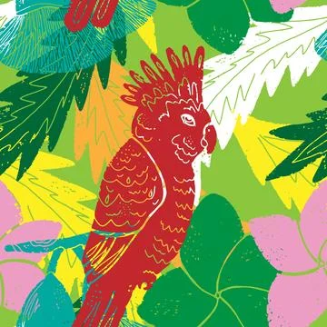 Textured seamless tropical pattern with palm leaves and exotic flowers. Stockillustratie