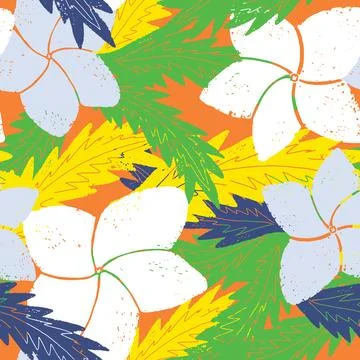 Textured seamless tropical pattern with palm leaves and exotic flowers. 스톡 일러스트