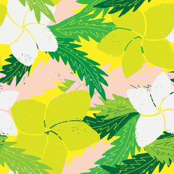Textured seamless tropical pattern with palm leaves and exotic flowers. Illustrazione stock