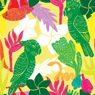 Textured seamless tropical pattern with palm leaves and exotic flowers. Stock-Illustration