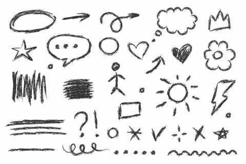 Textured set of black and white doodles: hand-drawn arrows, shapes, and symbo Illustrazione stock