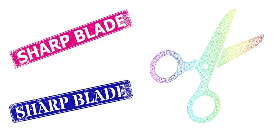 Textured Sharp Blade Badges and Spectrum Network Gradient Scissors Illustrazione stock