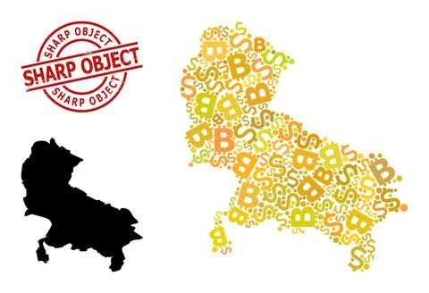Textured Sharp Object Badge with Money and BTC Gold Mosaic Map of Uttar Pradesh Illustrazione stock
