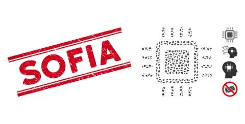 Textured Sofia Line Stamp with Collage Processor Icon Stock Illustration