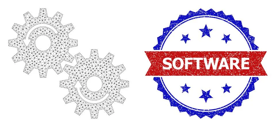 Textured Software Round Rosette Bicolor Badge and Mesh Network Gears Rotation Illustrazione stock