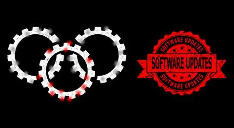 Textured Software Updates Stamp Seal and Bright Polygonal Network Gears with Illustrazione stock