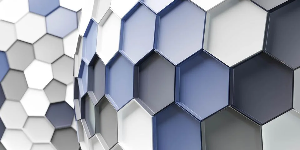 A textured sphere wall made of hexagonal tiles in close-up view 3d render Stock Illustration