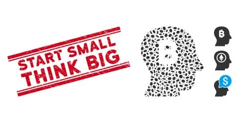 Textured Start Small Think Big Line Seal with Collage Bitcoin Mind Icon Stock Illustration
