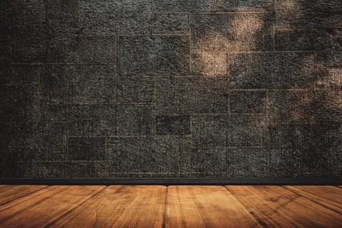 Textured stone brick wall and wooden floor are creating empty studio backdrop in Stock Illustration