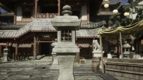 Textured stone lantern with moss and soft morning glow captured closely Stock Footage 341577407
