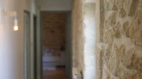 Textured Stone Wall and Hallway Details in Rustic Home Interior Stock Footage 337533386