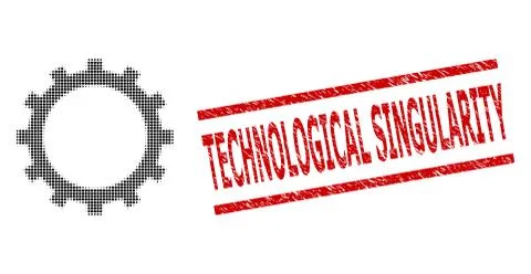 Textured Technological Singularity Seal Stamp and Halftone Dotted Gear Stock Illustration