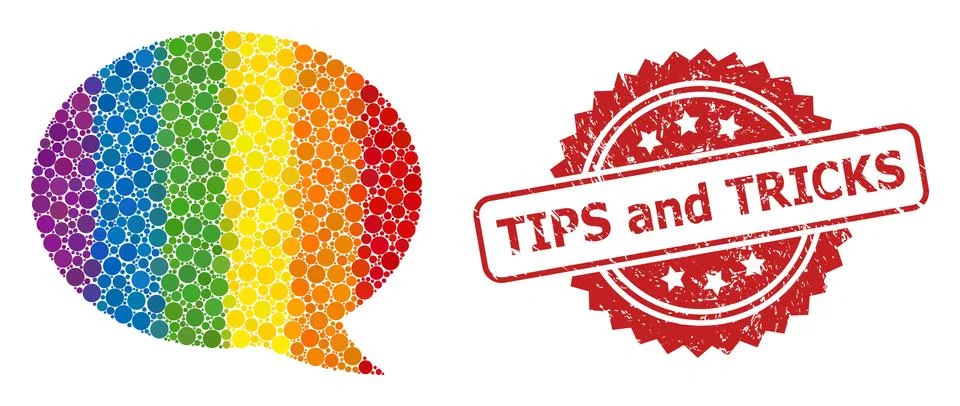 Textured Tips and Tricks Stamp and Bright Colored Message Cloud Mosaic Illustrazione stock
