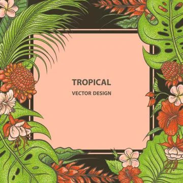 Textured vector backdrop of tropical plants and flower buds. Stock Illustration