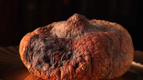 Textured vegetable, aged and withered pumpkin on plate, lights of golden autumn Stock Footage 195345453