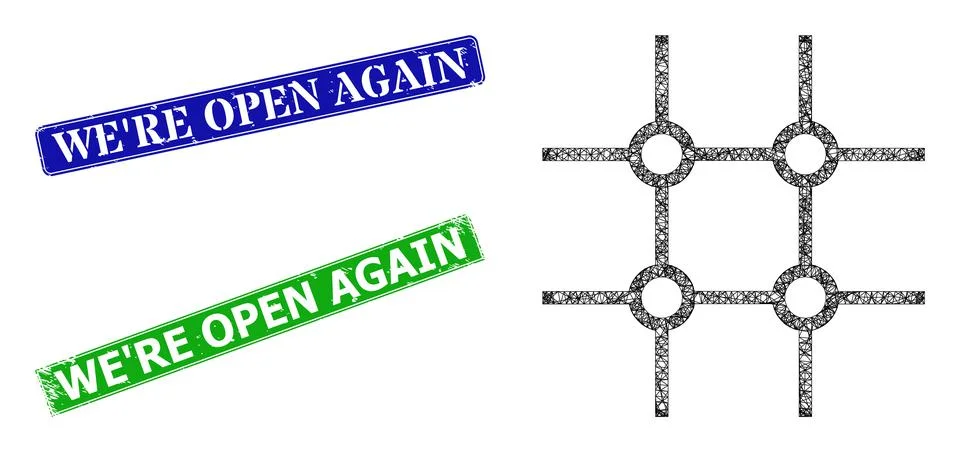 Textured We Re Open Again Seals and Triangular Mesh Incomplete Square Grid Icon Stock Illustration