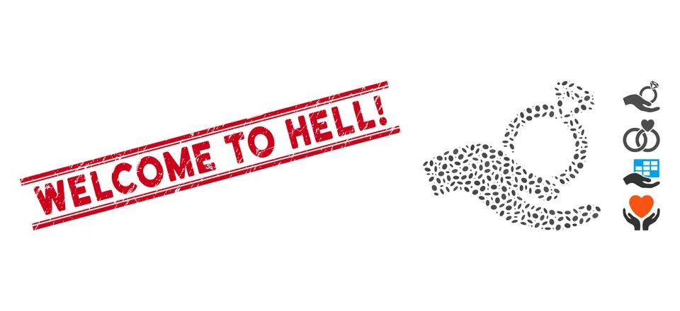 Textured Welcome to Hell! Line Stamp with Mosaic Wedding Ring Offer Hand Icon Stock Illustration