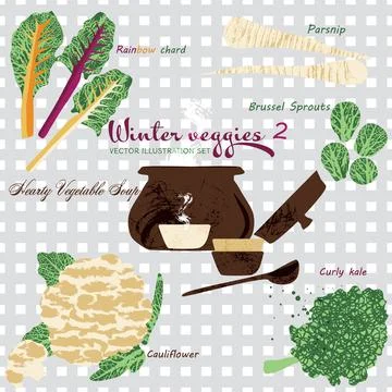 Textured winter vegetables vector illustration set with soup pot and bowls. Stock Illustration