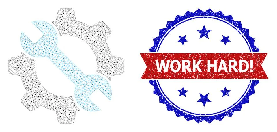Textured Work Hard! Round Rosette Bicolor Stamp and Mesh Wireframe Repair Tools Stock Illustration