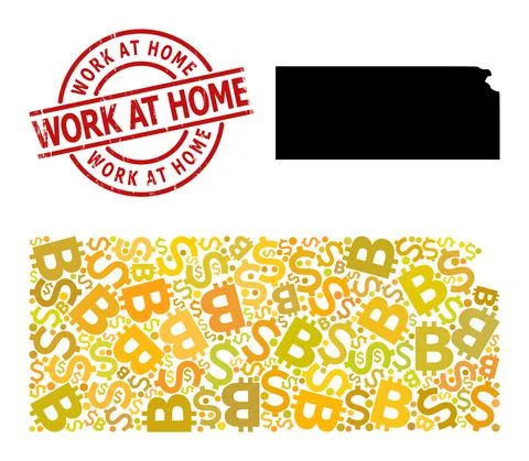 Textured Work at Home Seal with Dollar and BTC Gold Collage Map of Kansas State Stock Illustration