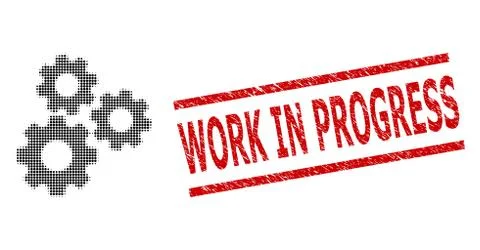 Textured Work in Progress Stamp and Halftone Dotted Gear Mechanism Stock Illustration