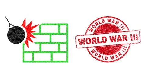 Textured World War Iii Round Seal and Crush the Wall Polygonal Icon Stock Illustration