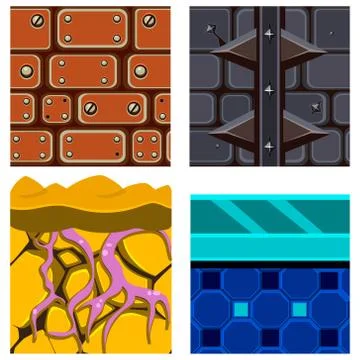 Textures for Platformers Icons Vector Set with Roots, Ice and Bricks Illustrazione stock