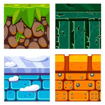 Textures for Platformers Icons Vector Set with Soil, Grass and Bricks Stock Illustration