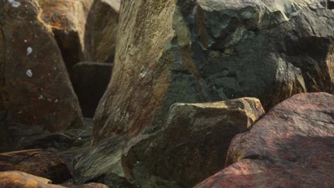 Textures of rocks by the water during daylight at a coastal area Stock Footage 340228583