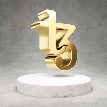 Tezos cryptocurrency icon. Gold 3d rendered icon on white marble podium. Ilustração Stock