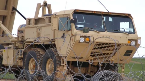 THAAD system surrounded by barbed wire near U.S. military base in Israel  Stock Footage 104490114