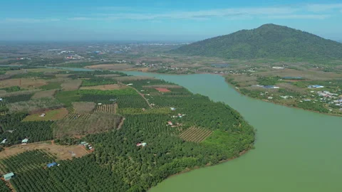 Thac Mo Reservoir Patchwork Farmland Drone Pan shot in Southern Vietnam 库存影片 330466056