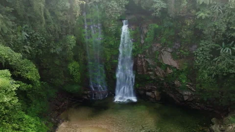 Thác Tiên Waterfall Aerial Hover Over Split Cascades and Rock Bowl, Hà Giang Stock Footage 334217282