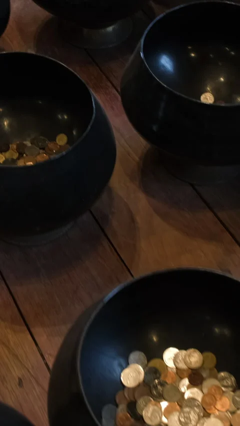 Thai alms bowls displayed inside the temple Stock Footage 344725551