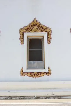 Thai ancient window in temple. Stock Photos