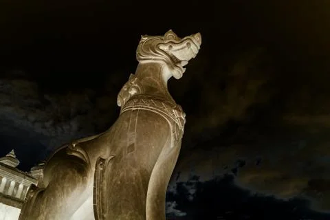 Thai Architecture. Negative Image of Ancient Singha (thai style lion) guardian Stock Photos