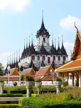 Thai architecture: wat ratchanadda, loha prasat Stock Photos