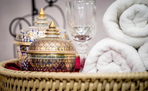 Thai Asian style Spa objects on wooden display Stock Photos