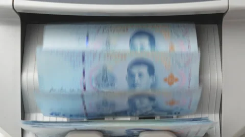 Thai Baht money counting in Machine. Paper THB Thai baht banknotes. Fast cash Stock Footage 171611894