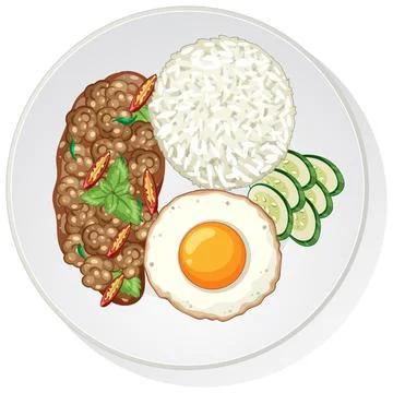 Thai Basil Beef with Rice, Fried Egg, and Cucumber Slices Stock Illustration