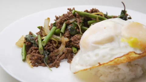 Thai Basil Fried Beef with Rice Stock Footage 146292093