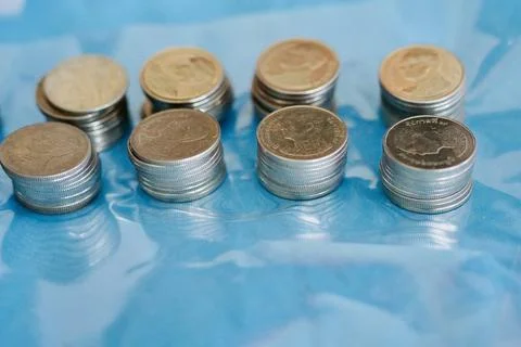 Thai bath of money put on the table all areas ,background money coin thai bath. Stock-Fotos