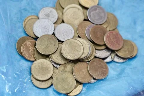 Thai bath of money put on the table all areas ,background money coin thai bath. Foto stock