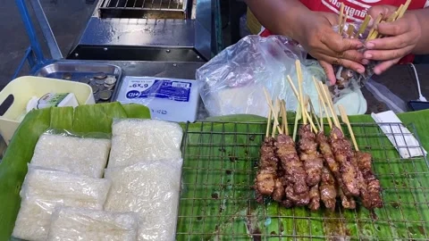 Thai BBQ Beef Kebab Meat Skewer Stick &amp; Sticky Rice, Isaan Barbeque Street Food Stock Footage 233228875